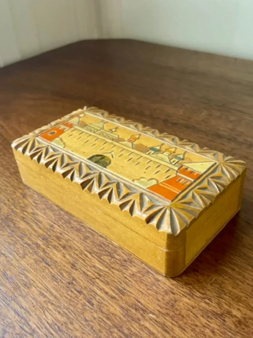 Soviet Era Trinket Wood Box w/ Dome Buildings Handmade